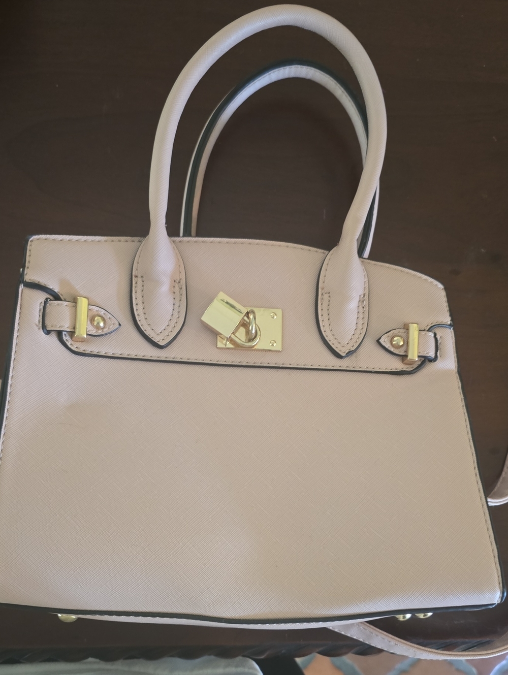 Just Fab Women’s Beige Structured Satchel Handbag with Gold Hardware